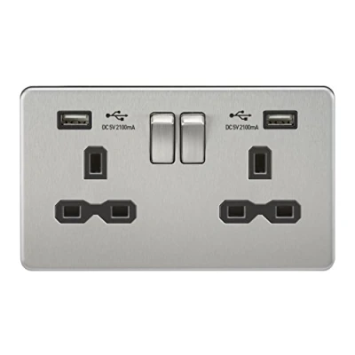 Image of KnightsBridge 13A 2G Screwless Brushed Chrome Switched Socket with Dual 5V USB Charger Ports Black Insert