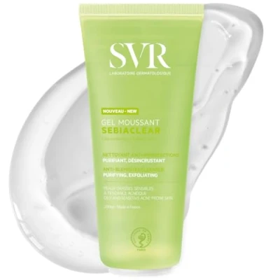 Image of SVR SEBIACLEAR Salicylic Acid Face Wash and Body for Oily, Acne Prone, Combination Skin. Purifying, Unclogging Soap Free Off Foaming Gel Cleanser, 200ml
