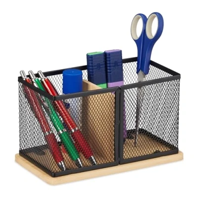 Image of Pen Holder, Bamboo &amp; Mesh, HxWxD: 11 x 19 10 cm, Pencil Cup for Desk, Office Storage Black/Natural Relaxdays