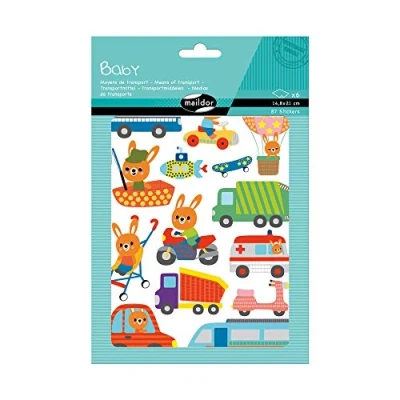 Image of Maildor Ref AE166C Baby Stickers (Pack of 6 Sheets) 21 x 14.8cm Rabbits &amp; Transport Designs 87 Total, Suitable for Children Aged 2+