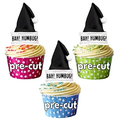 Image of AK Giftshop PRE CUT Christmas Bah Humbug Santa Hat Edible Cupcake Toppers/Cake Decorations (Pack of 12)