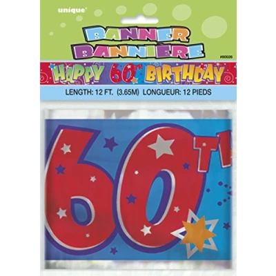 Image of Unique 90026T Happy 60th Birthday Banner 12 ft Disposable Foil Fun Art 1 Pc, Multicolor, Age 60