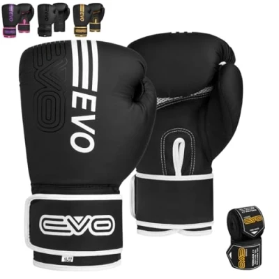 Image of EVO Fitness Matte Black Boxing Gloves Men Punch Bag Women Pink MMA Muay Thai Martial Arts Kick Sparring Training Fighting With Hand Wraps (16 OZ, White)