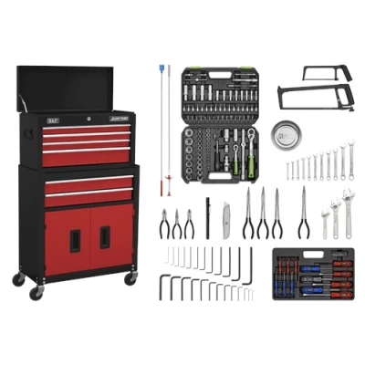 Image of Sealey American Pro Topchest &amp; Rollcab Combination 6 Drawer with Ball Bearing Slides Red/Black 170pc Tool Kit
