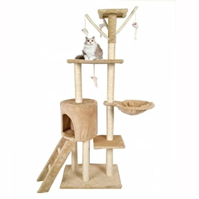 Image of Cat Scratching Post Multi Level Tree Climbing Activity Tower Dangling Toy Condo Viewing Platform (Beige)
