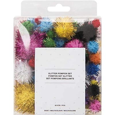 Image of CRAFTY CAPERS 60 Tinsel Craft Pom Poms Mixed Glitter Colours (10 to 45mm)