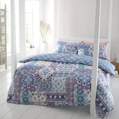 Image of Catherine Lansfield Boho Patchwork Double Duvet Set Blue