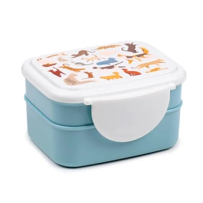 Image of Puckator Feline Fine Cats Clip Lock Stacked Bento Lunch Box with Cutlery Boxes for Adults and Kids Compartments Fork Spoon Snack Food Containers Lids Stackable Pots