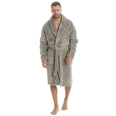 Image of Mens Shawl Collar Dressing Gown Flannel Fleece Bath Robe Sizes Grey L