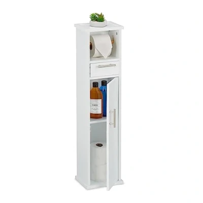 Image of Relaxdays Toilet Paper Holder, Standing, 2 Compartments &amp; Drawer, HWD: 87.5 x 22 17.5 cm, Bathroom Shelf, White/Silver, Fibreboard Bamboo Stainless Steel