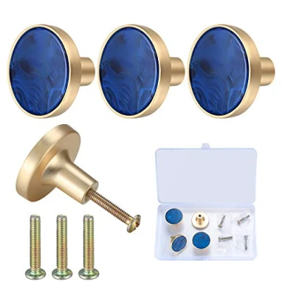 Image of 4 Pcs Cabinets Drawer Wardrobe Door Knobs, Round Mushroom Cupboards Dressers Kitchen Bathroom Pull Handles Knobs Blue &amp; Gold