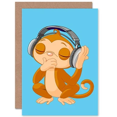 Image of Wee Blue Coo Monkey DJ Music Cute Animal Cartoon Birthday Art Sealed Greeting Card Plus Envelope Blank inside