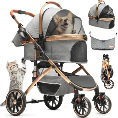 Image of YITAHOME Dog Pushchair, Pet Stroller 3 in 1, One Click Foldable Cat Stroller, Pram with Detachable Carrier Storage Basket Cup Holder Removable Hanging Bag, Car Seat, Buggy (Grey)