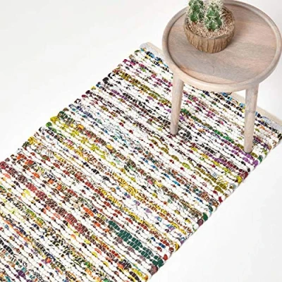Image of HOMESCAPES Chindi Hallway Runner Handwoven Multi Coloured Recycled Diamond Pattern Rug, 66 x 200 cm