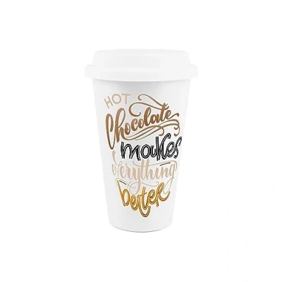 Image of Reusable Ceramic Travel Mug Hot Chocolate Makes Everything Better Silicone Lid Double Walled Insulated Hot/Cold Drinks Tea Coffee Gift