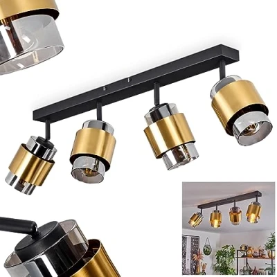 Image of Traak Ceiling Light, Modern lamp Made of Metal/Glass in Black/Brass/Smoke Colours, Light Retro/Vintage Design with Adjustable lampshades, 4 Flame, x E27, Bulbs not Included