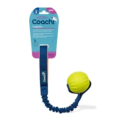 Image of Coachi Tuggi Ball Interactive Dog Toy for Tug of War &amp; Play. Strong Comfortable, Stretchy Bungee Handle, Reward Training, Interrupting Biting Chewing. Ideal Agility and Suitable Puppies