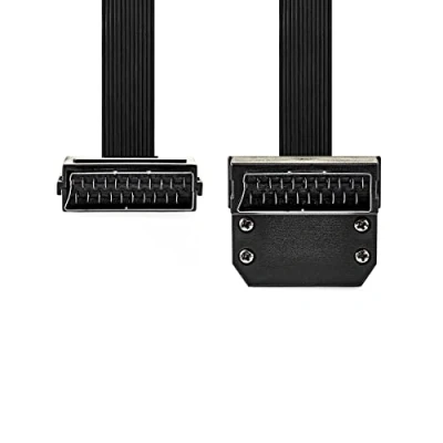 Image of Flat 2m Scart Cable / Lead to Hooked 270 Degree Right Angled TV DVD Plasma