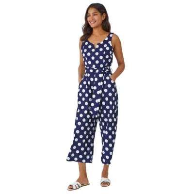 Image of Roman Originals Spot Print Belted Jumpsuit for Women UK Ladies Everyday Holiday Spring Summer Round Neckline Comfy Soft Evening Vacation Work Party Navy Size 20