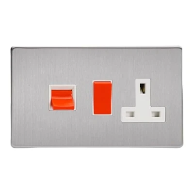 Image of Varilight 45A Cooker Panel with 13A Double Pole Switched Plug Socket Outlet (Red Rocker) Brushed Steel XDS45PWS