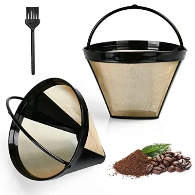 Image of AOMIG Reusable Coffee Filter with Ninja, 2PCS Filters, # 4 Cone Maker Replacement Permanent Basket for Ninja CFP Series Machines(Gold)