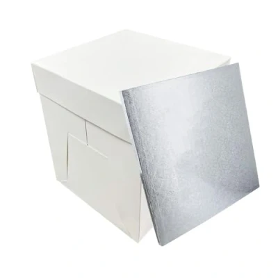 Image of LARRYROO Tall White Cake Box Extra Deep &amp; Silver Square Drum Board Combo For High Celebration, Wedding, Birthday Cakes (14&quot;)