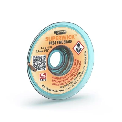 Image of MG Chemicals 424 Desoldering Braid #2 Fine Super Wick with RMA Flux, 5&#039; Length x 0.05&quot; Width, Yellow