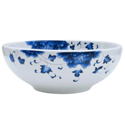 Image of &#039;vidaXL Countertop Basin Durable Ceramic Bathroom Vanity White &amp; Blue Round Handmade Wash Above Counter Installation 41cm x 14cm