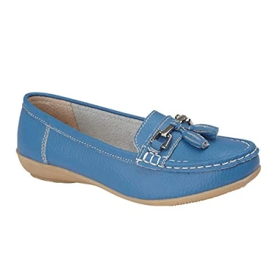 Image of Jo &amp; Joe Ladies Leather Loafer Shoes Plimsole Pumps Womens Flat French Blue Size UK 4 EU 50