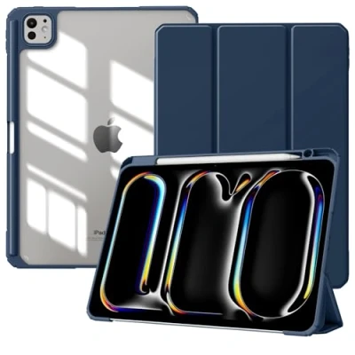 Image of TiMOVO for iPad Pro 11 inch (M4) Case 2024 with Pencil Holder, Slim Stand Protective Cover Clear Transparent Back Shell Tablet, Support Auto Wake/Sleep, Navy Blue