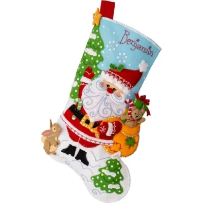 Image of Bucilla, Retro Holiday Santa, Felt Applique 18&quot; Stocking Making Kit, Perfect for DIY Arts and Crafts, 89740E