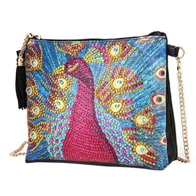 Image of LEKUKY DIY 5D Diamond Art Painting Peacock Crossbody Bag Cross Stitch Handbag Purse Tote Shoulder Embroidery Kit Leather for Women