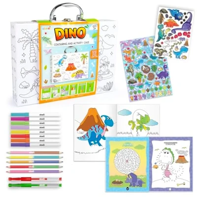 Image of abeec Dino Colouring &amp; Activity Case Arts Crafts for Kids Book with Stickers, Markers, Pencils Gel Pens Dinosaur Travel Set Creative Gift Boys Girls