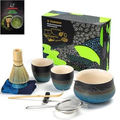 Image of TEANAGOO Matcha Set Whisk Bowl with Pouring Spout Scoop Holder Tea Making Kit. Japanese (7pcs) + 2Cups(5.6oz),S33,Gradient Navy Black,Color Box Packing…