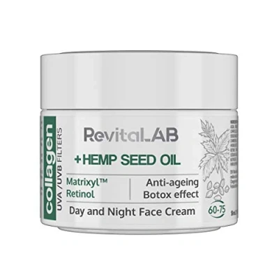 Image of RevitaLAB Day and Night Collagen Anti Ageing Moisturiser, Enriched with Hyaluronic Acid, Matrixyl® 3000, Hemp Seed Oil a UVA/UVB Filter, for Ages 60 75, 50 ml