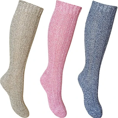 Image of Ladies Chunky Ribbed Knit Deluxe Wool Blend Long Length Hiking Socks (3 Pair Multi Pack)