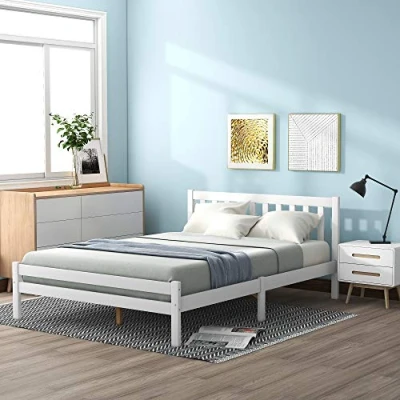 Image of Merax Double Bed Frame,Wood Frame,4ft6 Frame For Adults, Kids, Teenagers,135 x 190 cm (White)