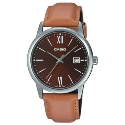 Image of Casio MTP V002L 5B3 Men&#039;s Dress Brown Leather Band Dial Date Watch