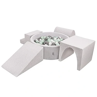 Image of KiddyMoon Foam Playground For Kids With Round Ballpit (300 Balls) Obstacle Course, Lightgrey:White/Grey/Mint