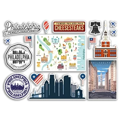 Image of A5 Sticker Sheet Philadelphia Landmarks Vinyl Stickers Pennsylvania America States USA American Airport Stamps Skyline Flag Map Travel Holiday Scrapbooking City Luggage #79154