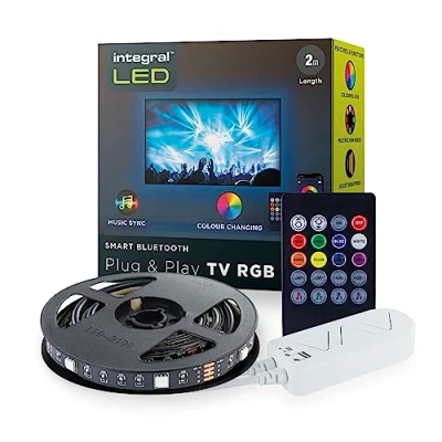 Image of Integral LED RGB Plug and Play TV Strip IP20 2m 1.5w/m 24LED/M 10mm Width 120 Beam Box Pack with IR Controller &amp; BLE APP Control USB Power