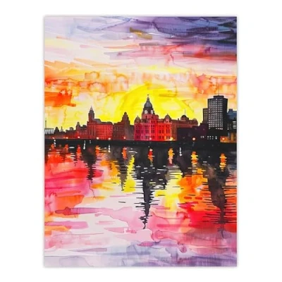 Image of Artery8 Vibrant Liverpool City Waterfront Sunset Painting Living Room Large Wall Art Poster Print Thick Paper 18X24 Inch