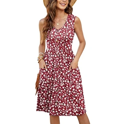 Image of Molerani Summer Dress for Women Sleeveless Ladies V Neck Beach Swing Button Midi Sundress with Pockets Floral Red 12 14 M
