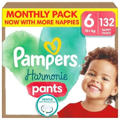 Image of Pampers Baby Nappy Pants Size 6 (15+ kg / 33 lbs), Harmonie, 72 Nappies, Monthly Savings Pack, Gentle Skin Protection