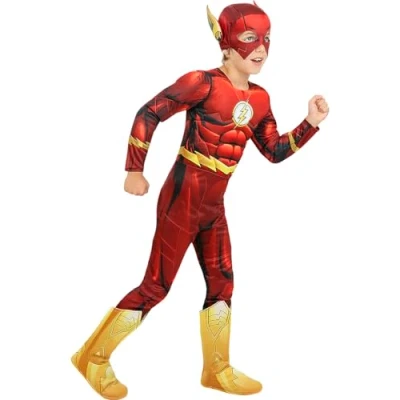Image of Funidelia Muscular The Flash Costumes for boy Superheroes, DC Comics kids, accessory fancy dress &amp; props Halloween, carnival parties Size 10 12 years Red