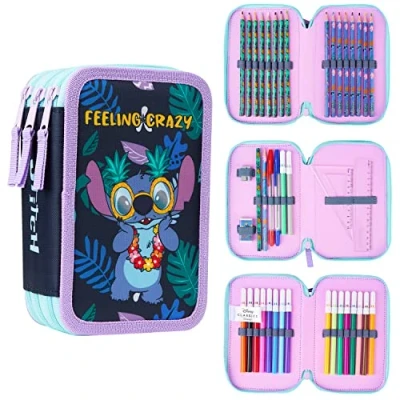 Image of Disney Filled Pencil Case with Stationery for Kids, School Supplies Colouring Pencils, Markers Gifts Girls (Multi Stitch Triple Zip)