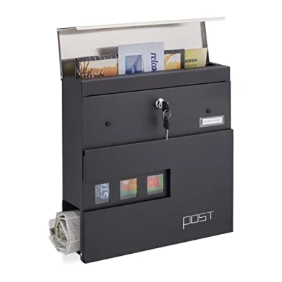 Image of Relaxdays Mailbox, HxWxD 37 x 11 cm, 2 Keys Included, with Newspaper Compartment, Weatherproof, Steel, Silver/Black, Alloy
