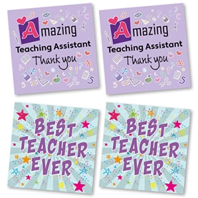 Image of Teacher Thank You Cards Multipack of 4. Each Greeting Pack includes 2 Teacher/Teaching Assistant designs. 115 x 115mm. Blank Inside. Envelopes included. Made in UK.