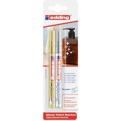 Image of edding 751 gloss paint marker gold, silver pack of 2 markers round nib 1 mm pen for glass, pebbles, wood, plastic, paper waterproof, high coverage