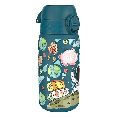 Image of ION8 Lightweight Steel Kids Water Bottle, 400ml/13oz, Non Insulated, Leak Proof, Easy to Open, Secure Lock, Dishwasher Safe, Fits Cup Holders, Carry Handle, Metal Blue, Space